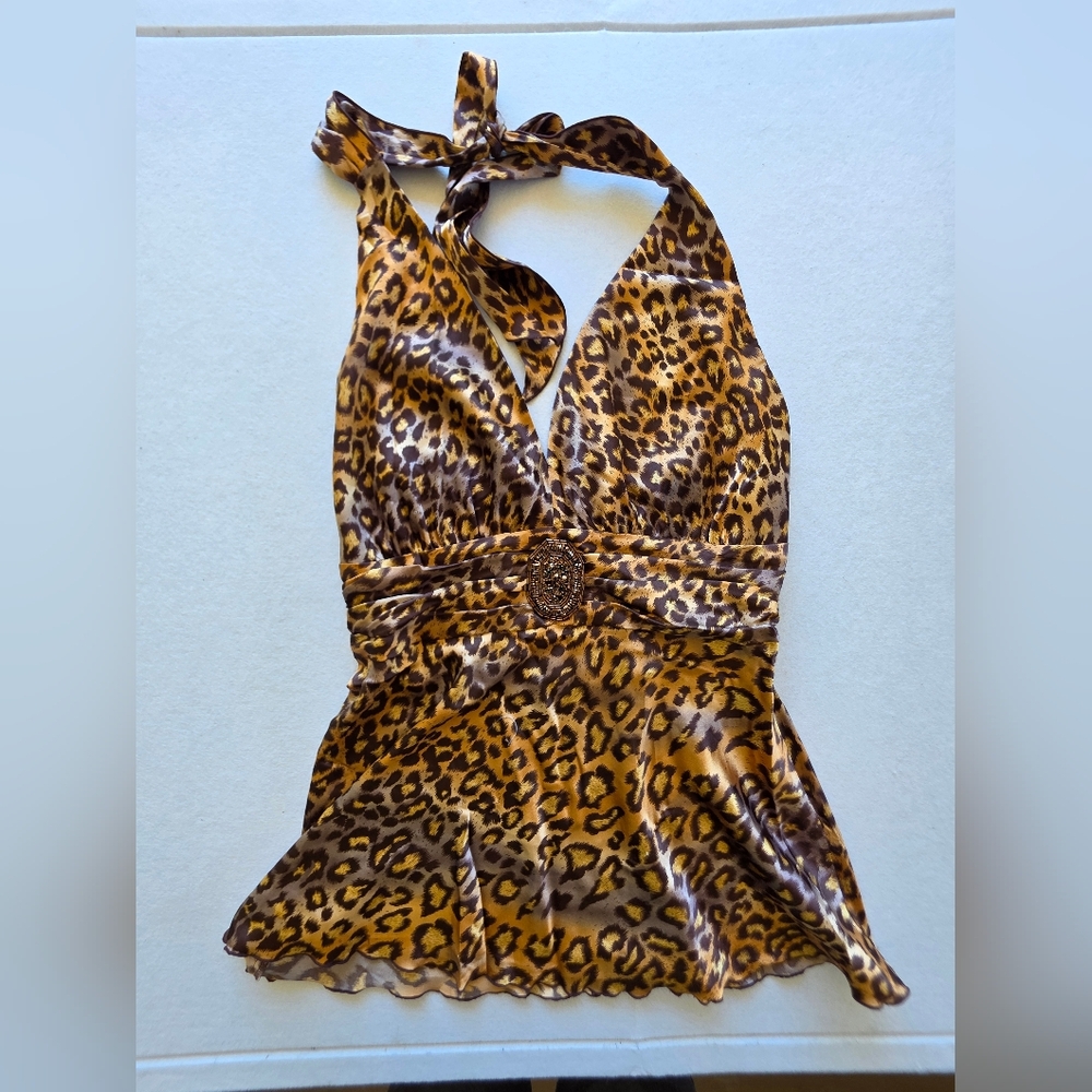 Bisou Bisou Leopard Print Halter Tank with Decorative Beading